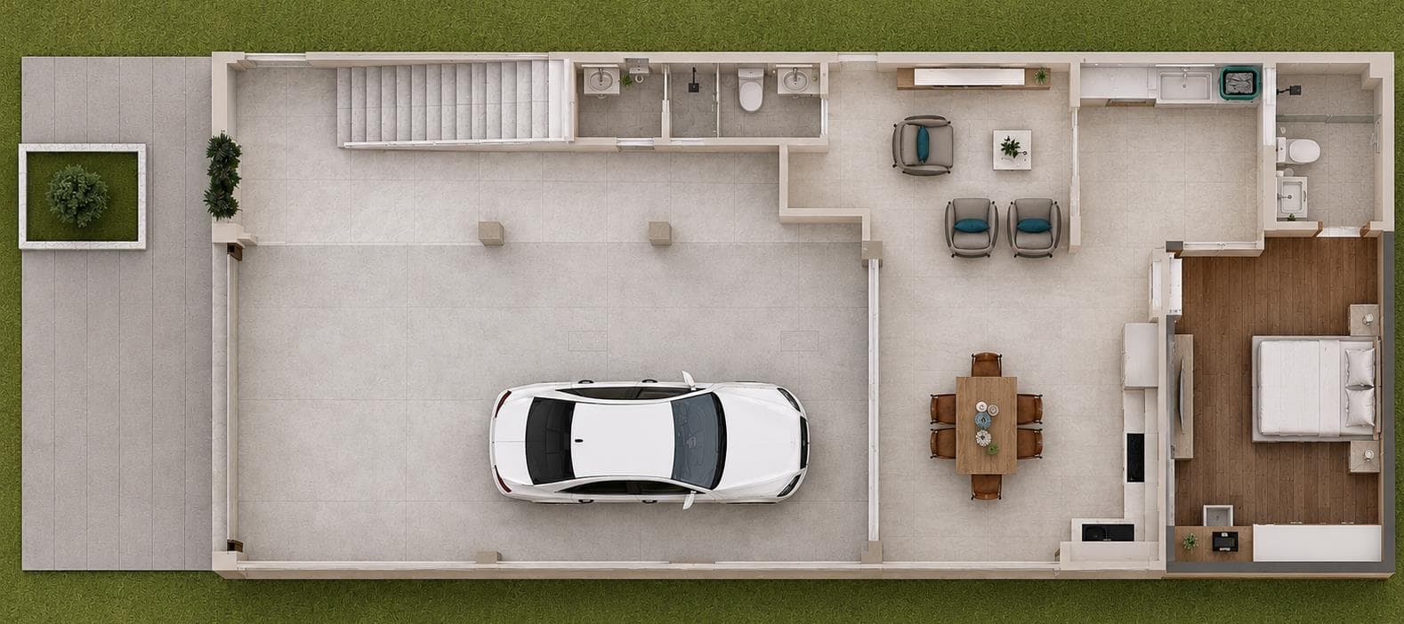 Planta 3D del piso 1: ingreso, estacionamientos y departamento 101 con patio