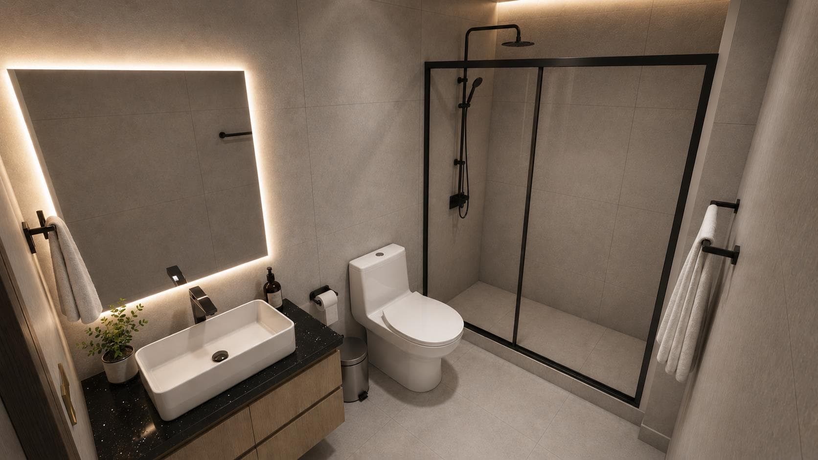 Render referencial: baño del departamento 101