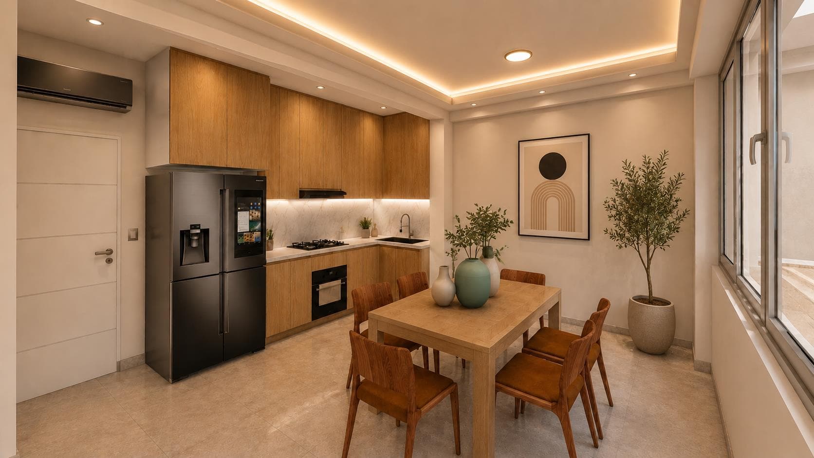 Render referencial: cocina y comedor del departamento 101