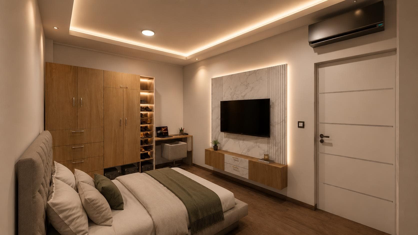 Render referencial: dormitorio del departamento 101
