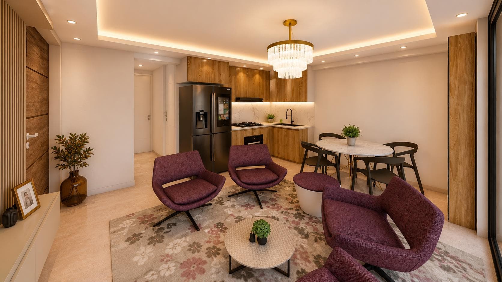Render referencial: cocina y comedor de los departamentos de los pisos 4 y 5
