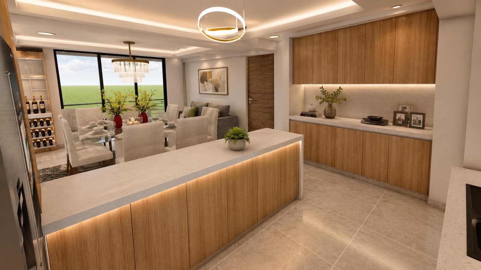 Render referencial: cocina de los departamentos 201 y 301