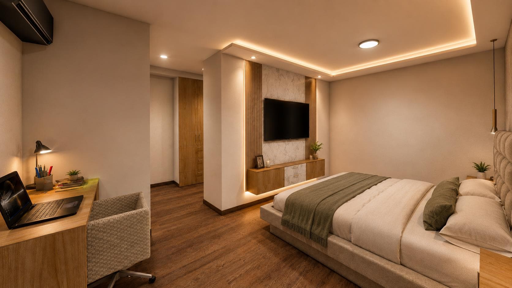 Render referencial: dormitorio principal de los departamentos 201 y 301