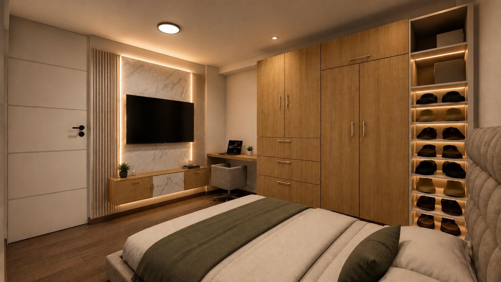 Render referencial: dormitorio secundario de los departamentos 201 y 301